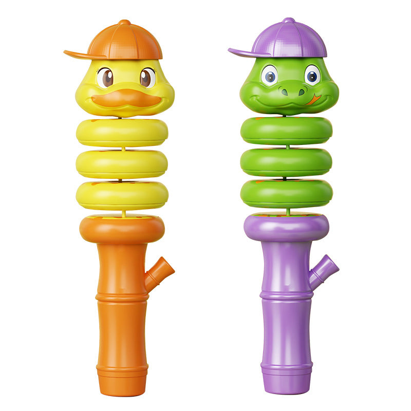 Two colorful toys shaped like a duck and a caterpillar on a white background