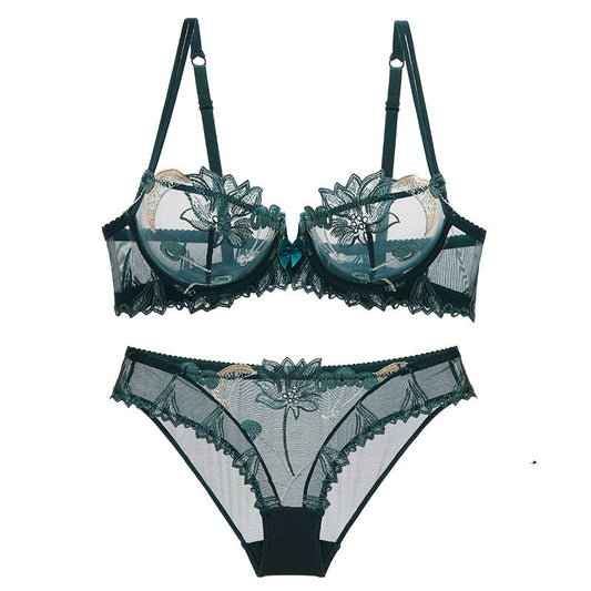 Women's Transparent Mesh Embroidered Bra and Underwear Set – Elegant Lace Design