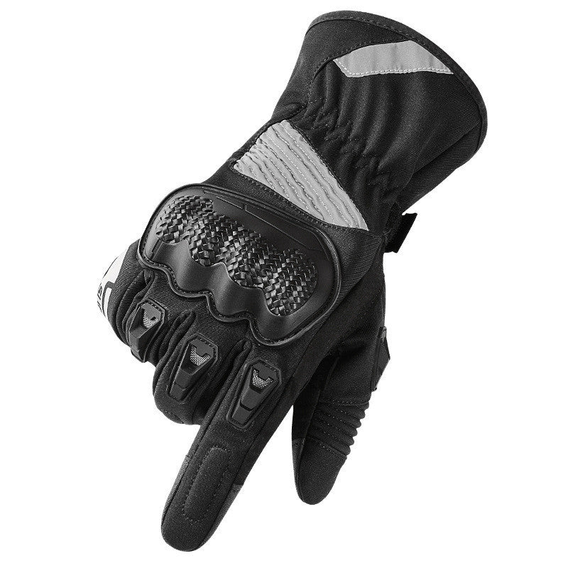 Black motorcycle glove with gray accents on a white background