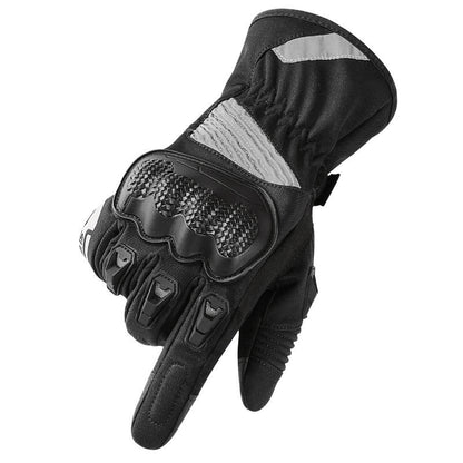Black motorcycle glove with gray accents on a white background