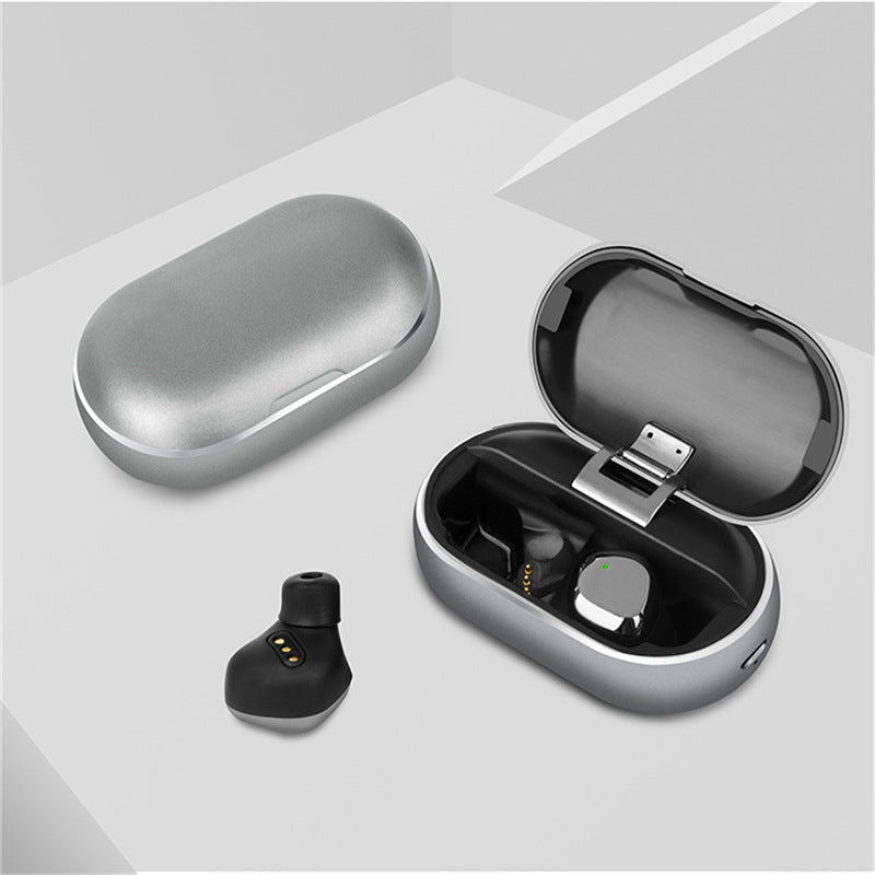 Wireless earbuds with charging case on a light gray surface