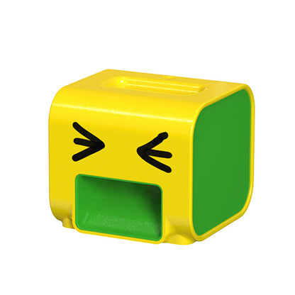 Yellow and green rectangular container with cartoonish face on a white background