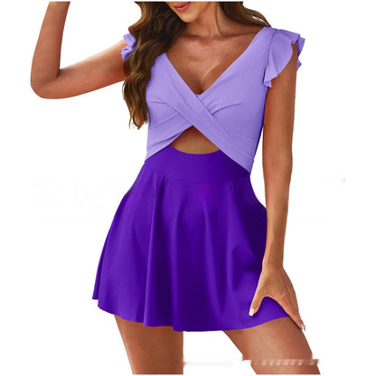 Purple dress with ruffled sleeves on a white background