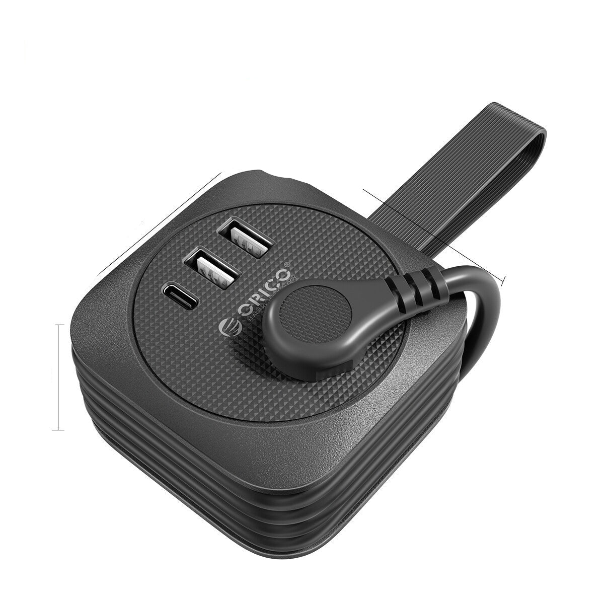 Black 5-in-1 power adapter with USB ports and dimensions on a white background