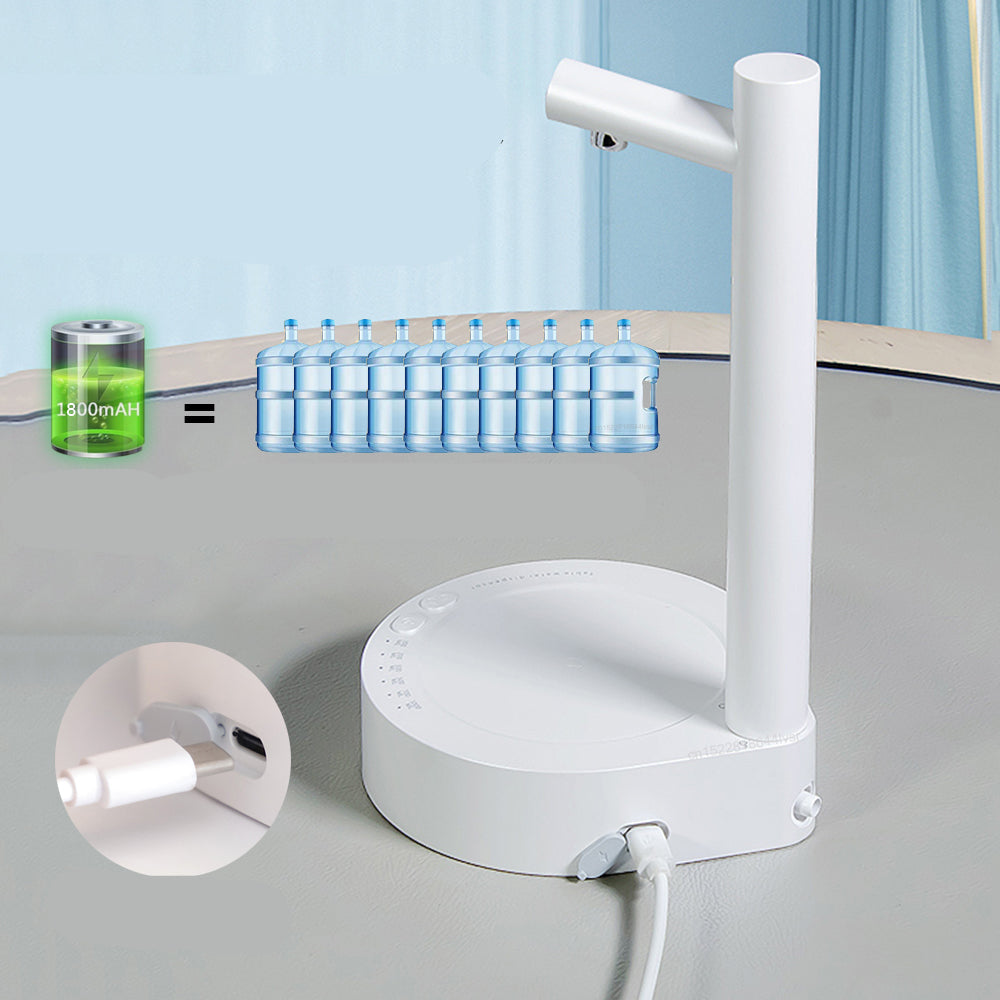 White electric water pump with battery and bottle illustrations on a gray surface.