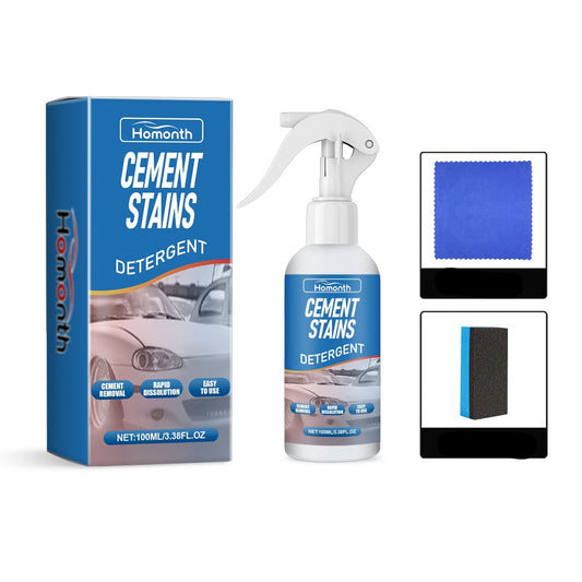 The image shows a product called 'Cement Stains Detergent' with a spray bottle, a sponge, and a towel included as part of the package.