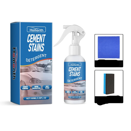 The image shows a product called 'Cement Stains Detergent' with a spray bottle, a sponge, and a towel included as part of the package.