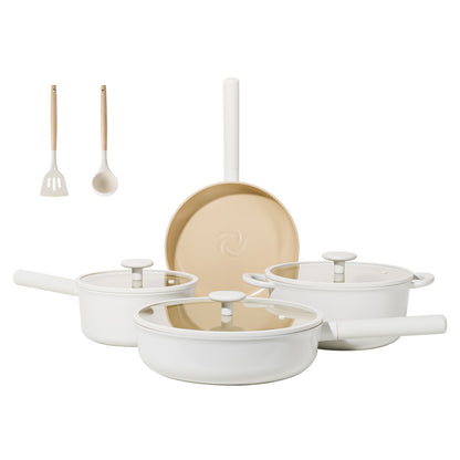 Ceramic Cookware Sets 17pcs, Pots And Pans Set Non Stick, Healthy Induction Kitchen Cooking Set With Removable Handles, Stackable Pots Pans, Oven Safe, PFOA,PFOS Free, Beige