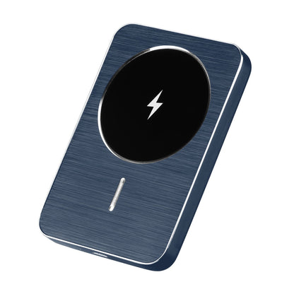 Blue wireless charging pad with a lightning bolt symbol on a white background