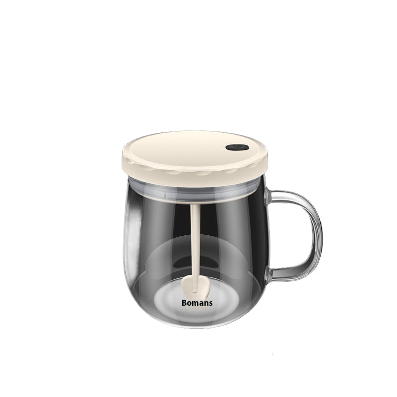 High borosilicate automatic mixing cup with dimensions and specifications on a black background