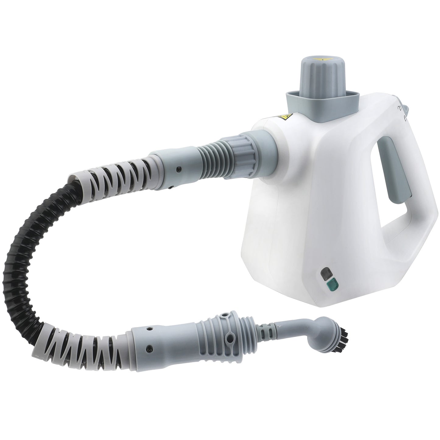 White handheld steamer with flexible hose on a white background