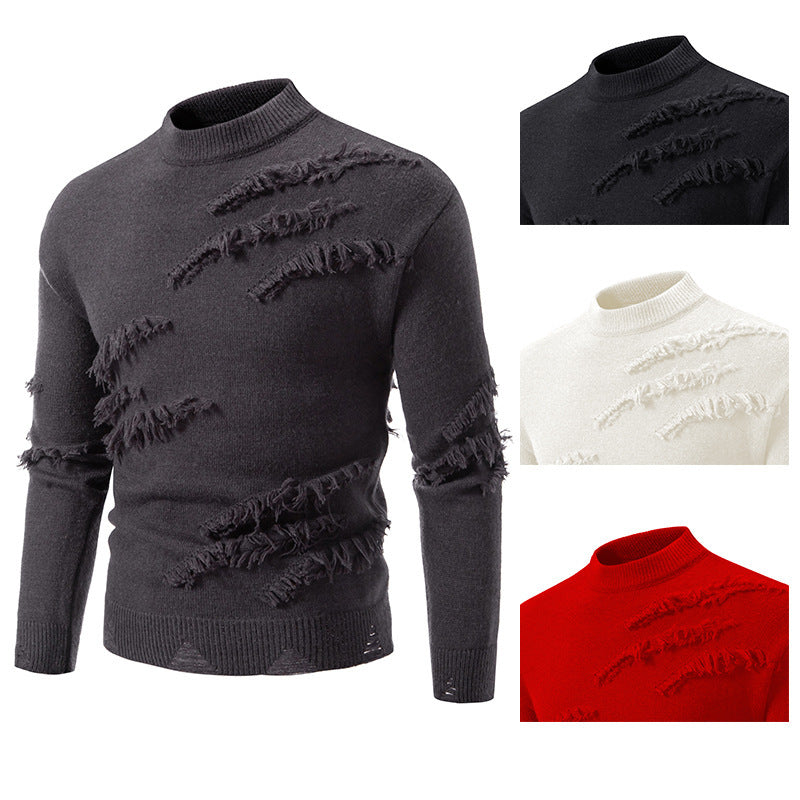 Gray distressed sweater with inset images of black, white, and red sweaters.