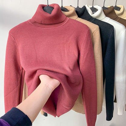 Fleece Turtle Neck Sweater - Winter Warm Elegant Thick Knitted Pullover Tops for Women