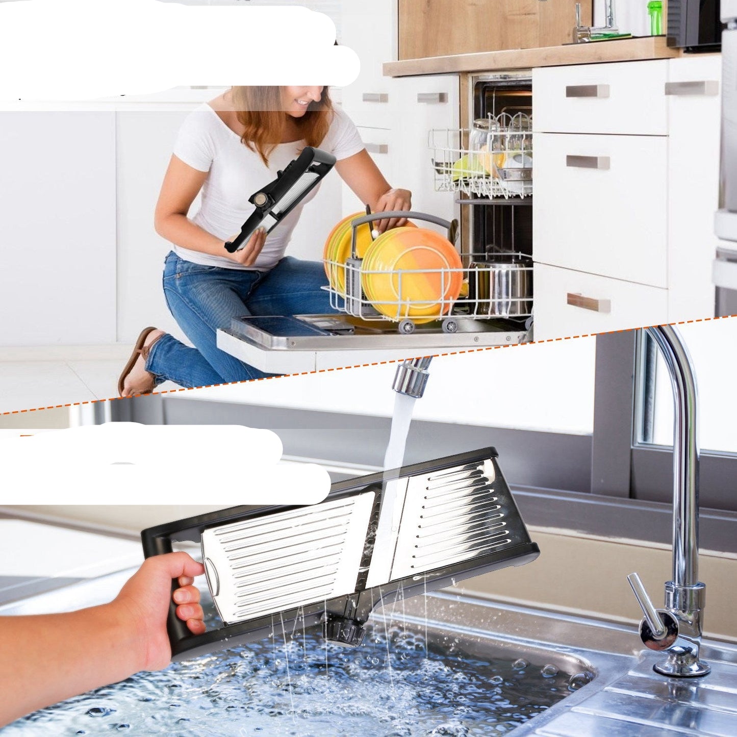 Person using a dishwasher with a collage of a person storing a kitchen tool and a sink.