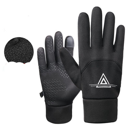 Black gloves with composite polar fleece and screen printing, featuring a brand logo on a white background.