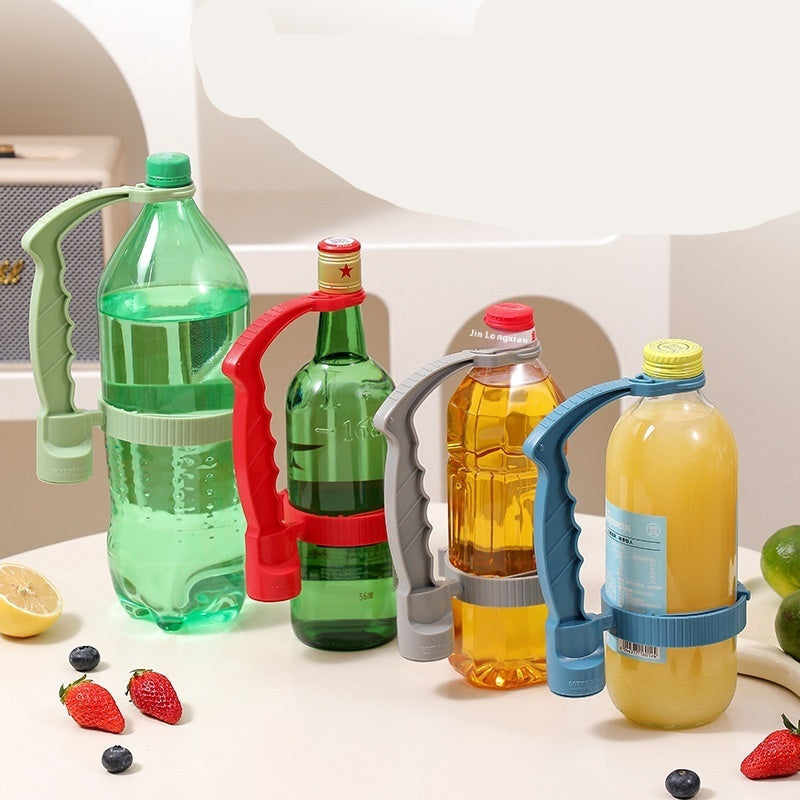 Bottle openers in various colors holding different types of bottles on a table with fruits and a white background.