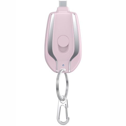 Pink keychain with a carabiner on a white background