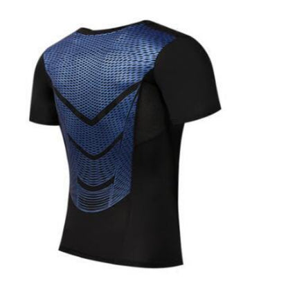 A black long sleeve men's compression shirt with blue geometric patterns on the back.