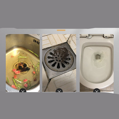 Three images showing a drain, a sink, and a toilet.