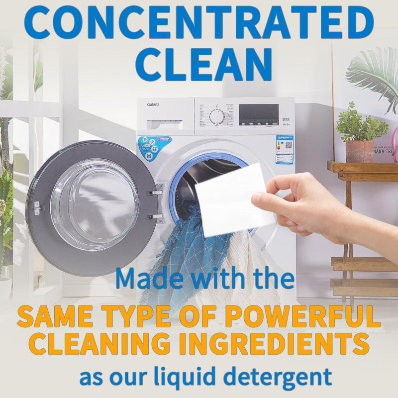 Hand holding a white card in front of a washing machine with text about concentrated cleaning.