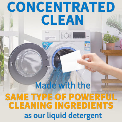 Hand holding a white card in front of a washing machine with text about concentrated cleaning.
