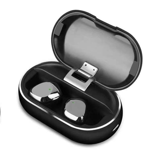 Black wireless earbuds in a charging case on a white background