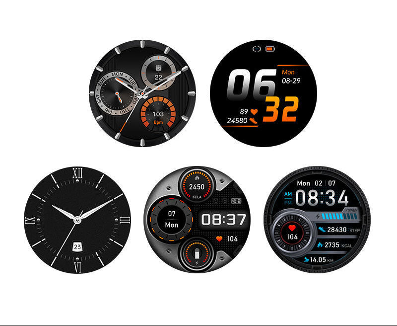 Set of six different digital watch faces on a white background