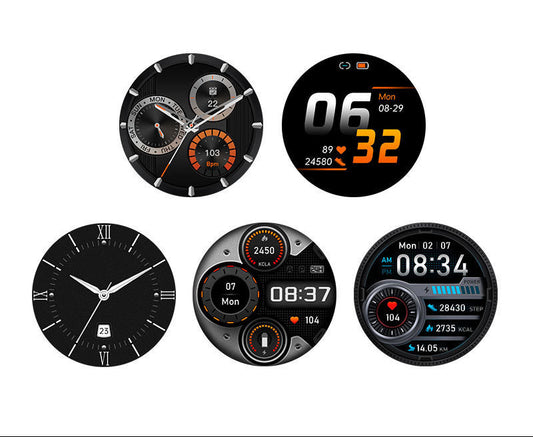 Set of six different digital watch faces on a white background