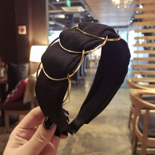 Hair Accessories Headband - Women Fashion Golden Ring Cross Stitching Fabric Wide Side