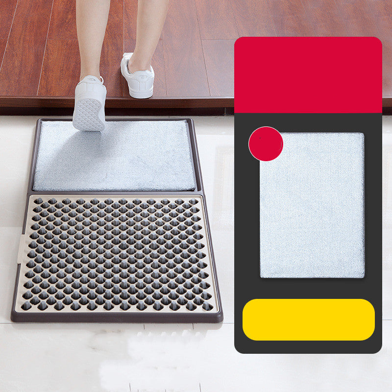 Person stepping onto a textured mat with a close-up of the mat's surface and a colorful label.
