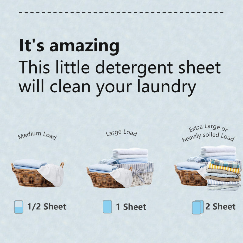 Detergent sheet usage chart for different laundry loads on a light blue background