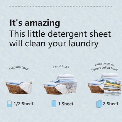 Detergent sheet usage chart for different laundry loads on a light blue background