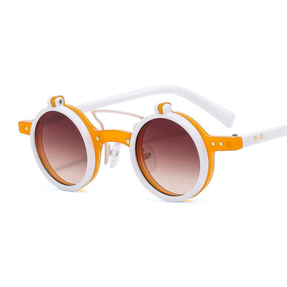 Sunglasses with orange and white frame on a white background