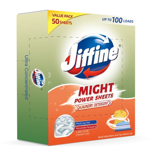 Box of JIFFINE Laundry Tablets with the label showing the product name, brand, and additional information such as 'Ultra Concentrated', '50 Sheets', and 'Up to 100 Loads'.