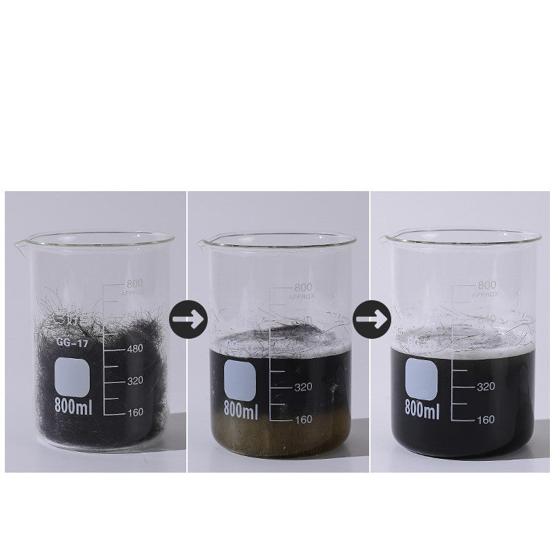 Three stages of a beaker with black liquid being filled to different levels.