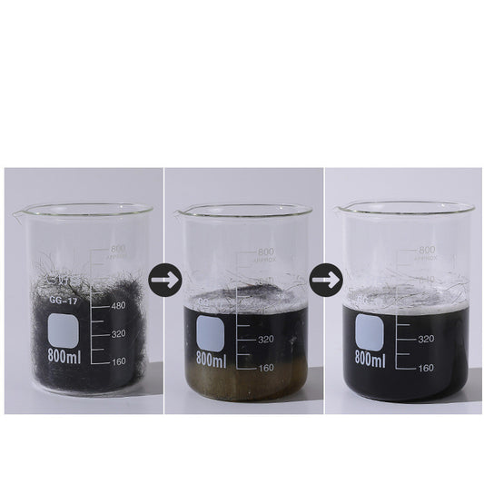 Three stages of a beaker with black liquid being filled to different levels.