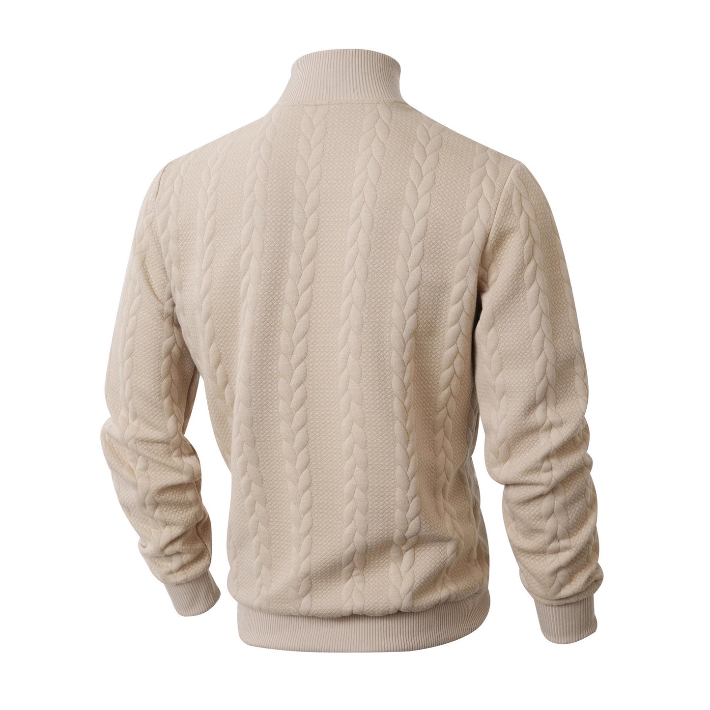 Beige cable knit sweater on a mannequin with a white background