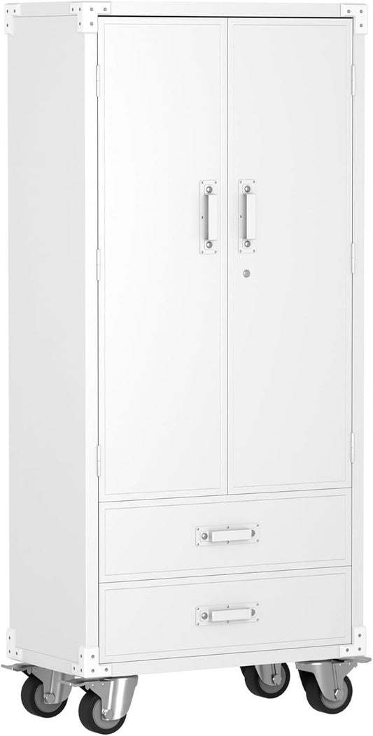 Rolling Storage Cabinet With 2 Doors And 2 Drawers, Metal Storage Cabinet With Doors And Shelves, Locking Steel Cabinet For Warehouse, Home, Office White