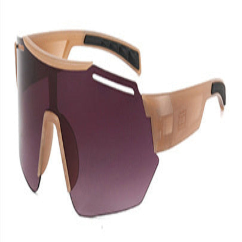 A pair of sporty sunglasses with a blue and multicolor frame and dark lenses suitable for outdoor activities.