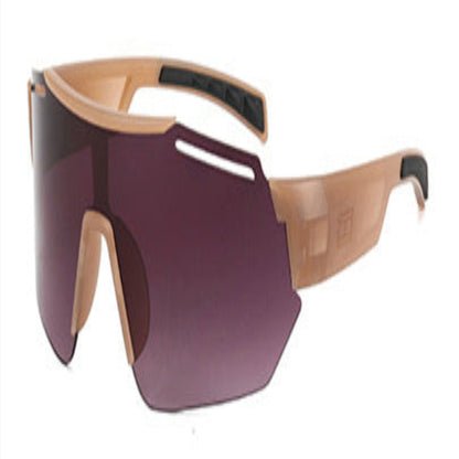 A pair of sporty sunglasses with a blue and multicolor frame and dark lenses suitable for outdoor activities.