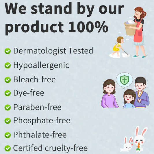 Product advertisement with text about product features and safety certifications on a light blue background.