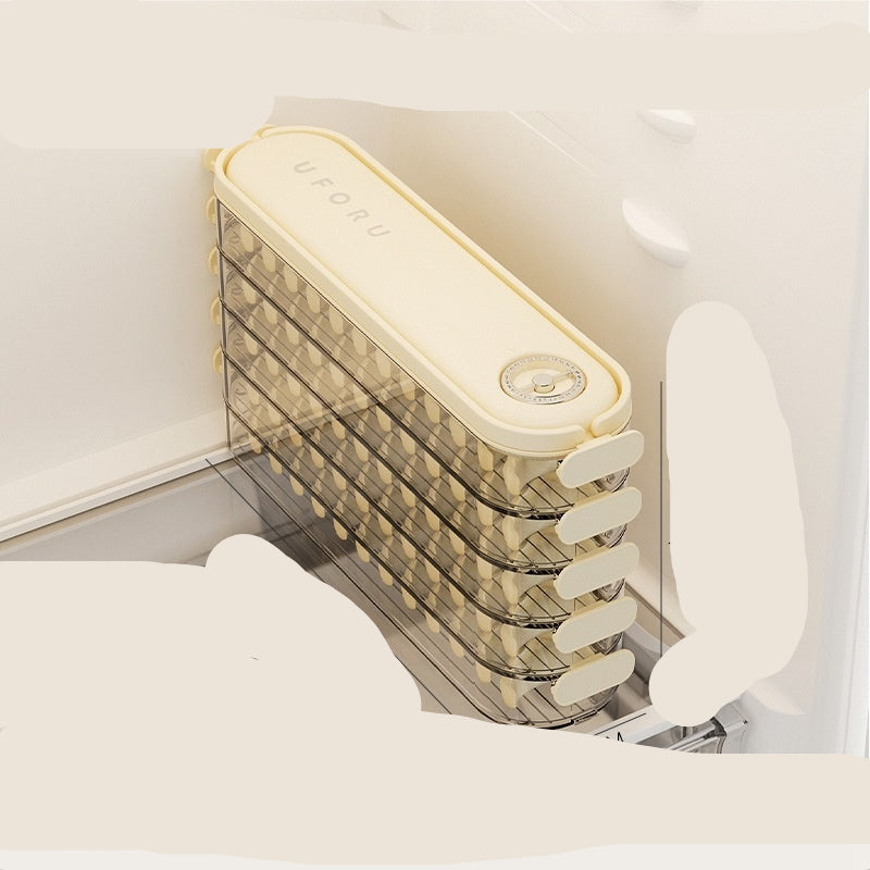 Dumpling steamer with five floors in cream white color, showing dimensions and material details.