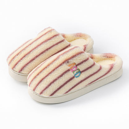 Ins Plush Striped Slippers - Winter Warm Letter Embroidered Shoes