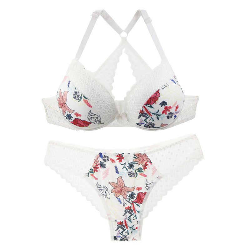 Floral-patterned bikini set on a white background