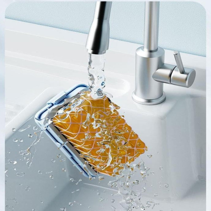 Cleaning tool with water flowing over it, demonstrating ease of use and cleaning effectiveness.