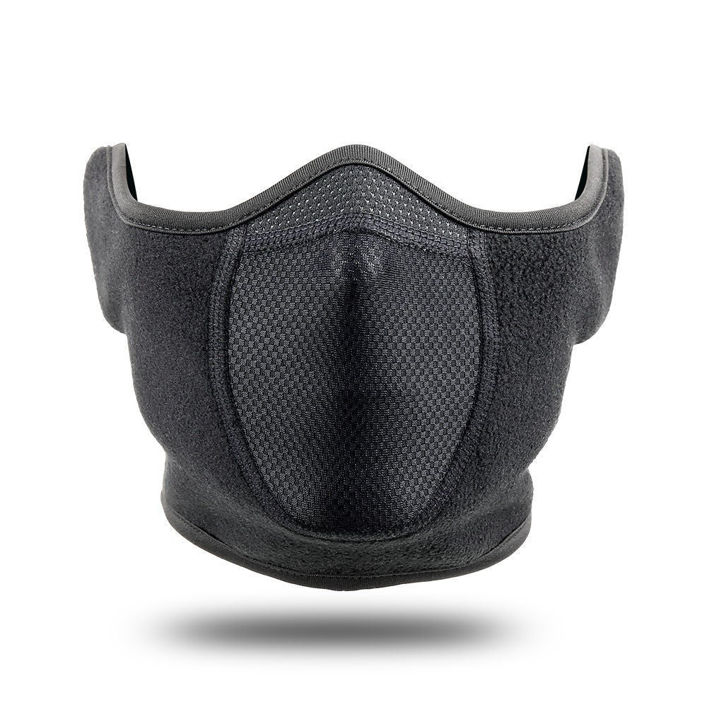 Black face mask with mesh design on a white background