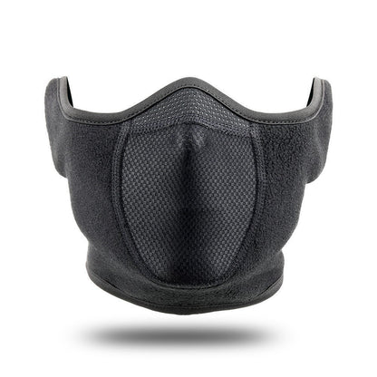 Black face mask with mesh design on a white background