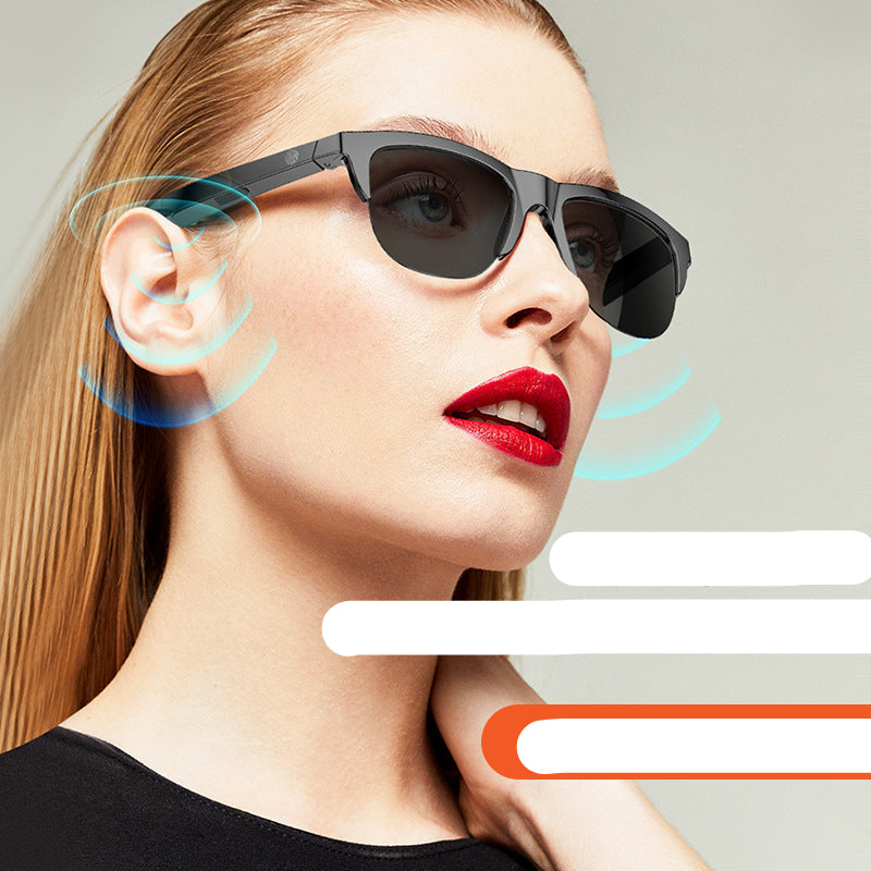 Sunglasses with wireless technology features on a woman's face
