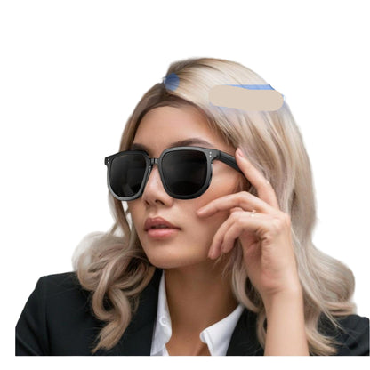 Woman wearing sunglasses with a text bubble asking to call her mom.