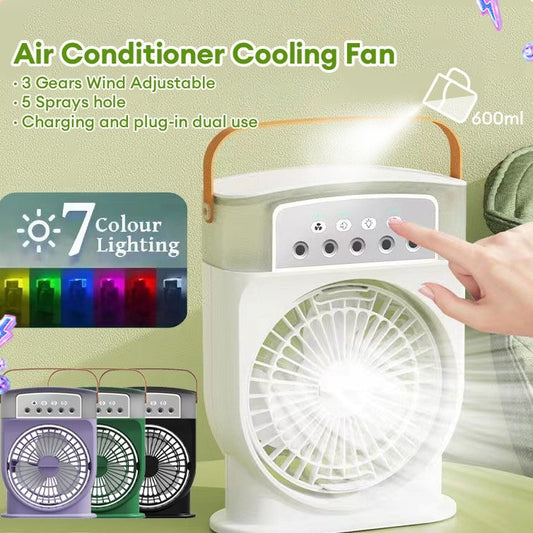 USB Air Cooler Fan with 5 Spray Modes, 7-Color LED, and 600ML Tank